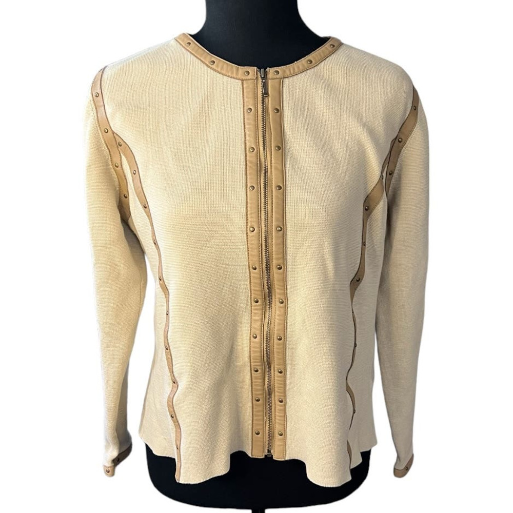 Sigrid Olsen Silk Blend Tan Leather Trim Long Sleeve Crew Neck Cardigan Size MP